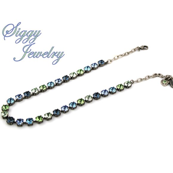 Light Sapphire Blue and Green Tennis Necklace made with Austrian crystals - Picture 3 of 6